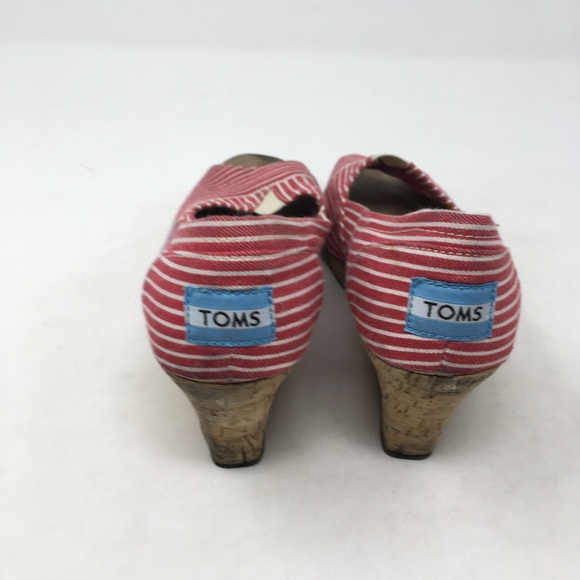 TOMS RED WHITE STRIPE WEDGE PEEP TOE HEELS 6 - Picture 3 of 6